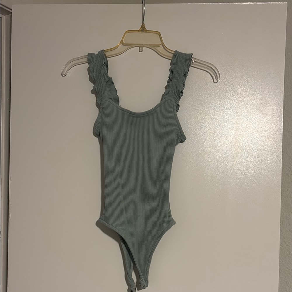 Girls Ribbed Ruffle Strap One-Piece Bodysuit - Sage Green